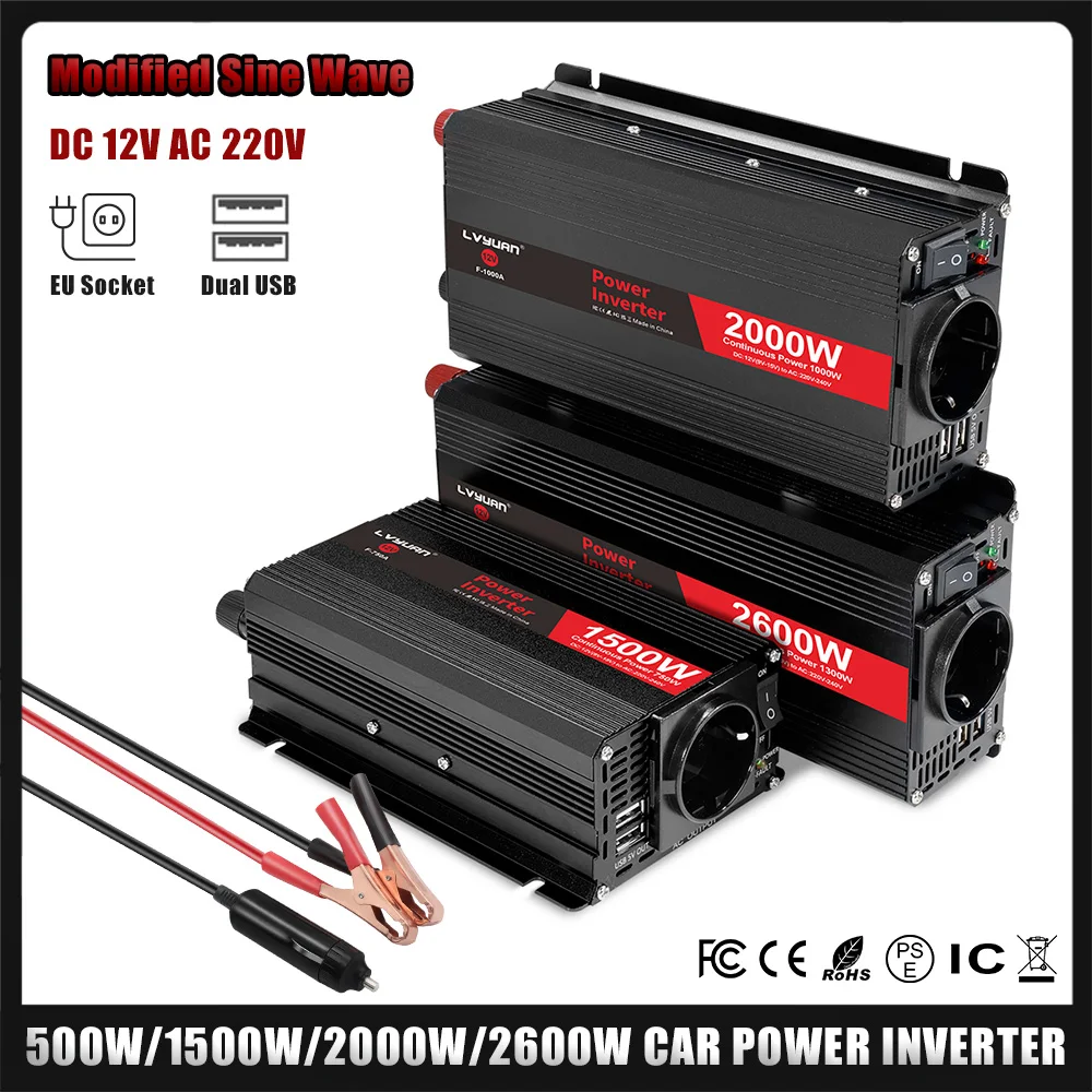 Inversor de Corriente de 300W-2600W, Convertidor de CC 12V a CA 220V para Automóvil, Cargador Rápido Dual USB 3.1A, Transformador de Voltaje de Onda Sinusoidal Modificada, Enchufe EU, Adaptador de Corriente de 50Hz para Automóvil, Camión, RV, Camping, Hogar, Emergencias, Viajes, Carga de Laptops, Teléfonos, TV
