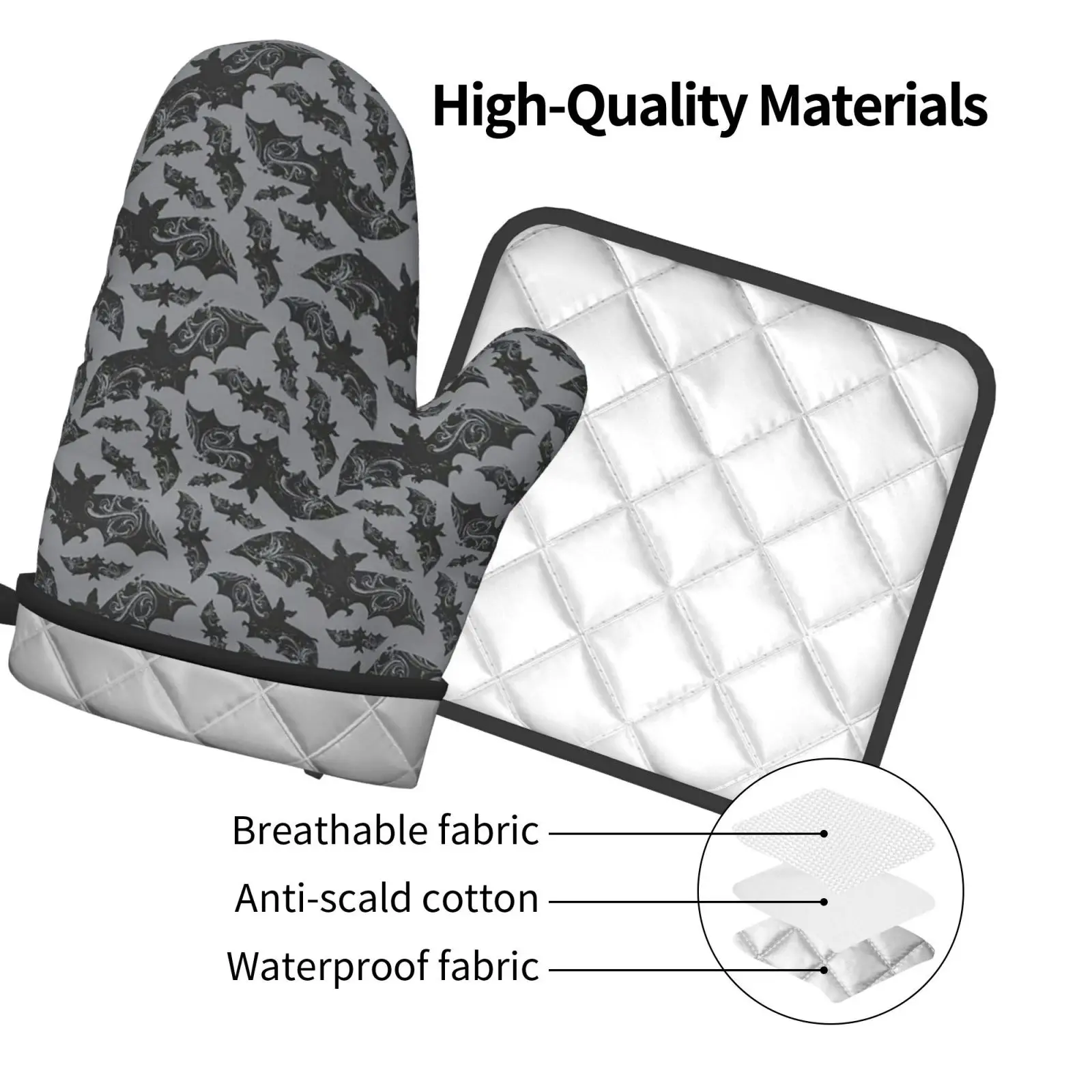 Halloween Bats Oven Mitts and Pot Holders Heat Resistant Non Slip Oven Gloves for Safe Cooking Baking Grilling