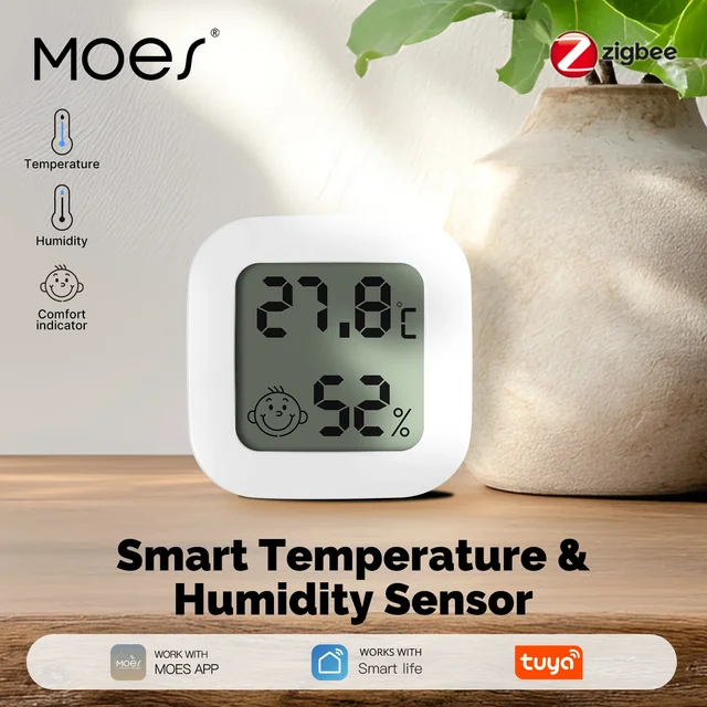 MOES Tuya Zigbee Smart Indoor Temperature Humidity Sensor with LCD display screen App Remote Monitor Work With Smart Life APP