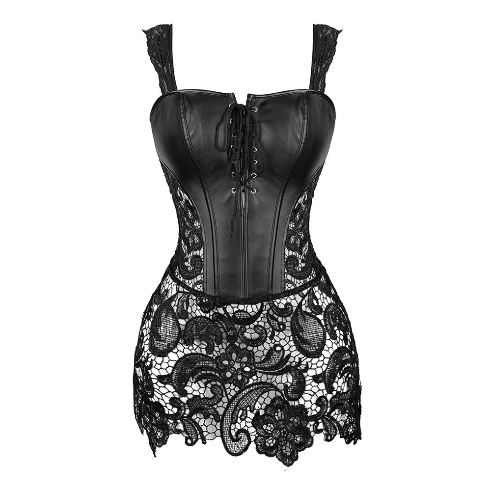 

Women's Steampunk Gothic Overbust Corset Sheer Dress Zipper Gothic Faux Leather Bustier Lingerie Corsets Dress Lace Up