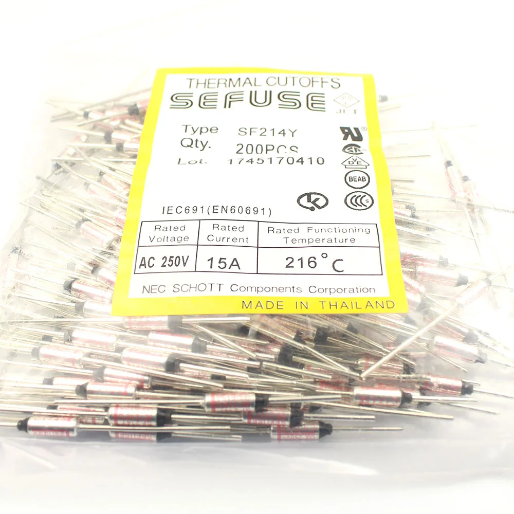 thumbnail image 2 of 20-Piece Thermal Fuse Lot - 216°C Cut-Off, 10A 250V, SF214E For Appliance Repair 2 of 14
