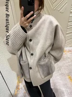 Casual Knit Fur Women's Sweater Loose Stand Collar Long Sleeve Single-breasted Female Cardigan 2025 Spring Pocket Knitwear