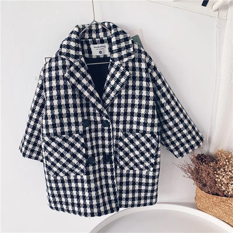 

Baby Boy Girl Woolen Plaid Jacket Long Double Breasted Warm Child Lapel Tweed Coat Cotton Padded Baby Outwear Clothes 1-10Y