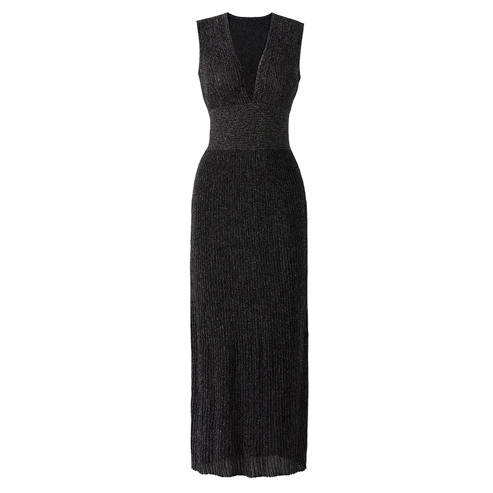 ZJYT Summer Women's Elegant Party Dresses Maxi Evening Gown 2026 New Fashion Deep V Neck Bright Silk Knitted Sweater Dress Blue 5