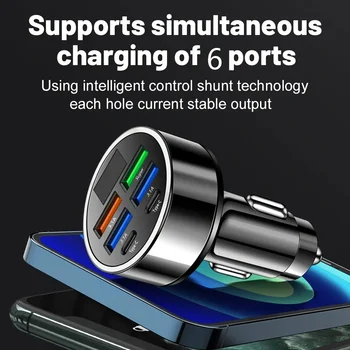 Caricabatterie per Auto a 6 Porte, Adattatore USB e Type-C a Ricarica Rapida 3.1A con Display LED della Tensione, Consegna Rapida
