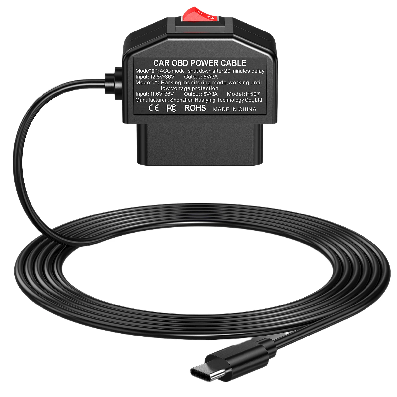 Câble d'alimentation OBD pour voiture, avec bouton de commutation, adaptateur de Port USB-C pour caméra de tableau de bord, Mode Surveillance/Acc 24 heures