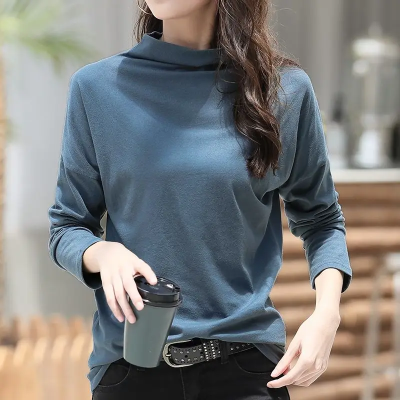 

2023 Autumn and Winter Women's Pullover Solid Color Half High Neck Fashion Casual Elegant Underlay Long Sleeve Tee T-shirt Tops