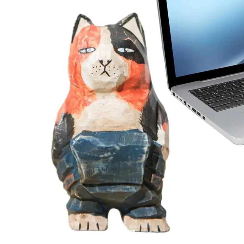 

1PC Wood Cat Figurine Desktop Table Ornament Carving Model Home Office Decoration Animal Sculpture Christmas Craft Gift