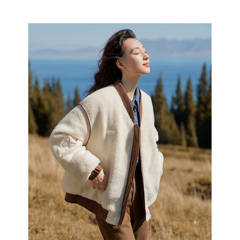 INMAN Women Lamb Down Jacket 2023 Winter Long Sleeve Baseball Stand Collar Loose Thick Coat Two Sides Wearable Versatile Tops