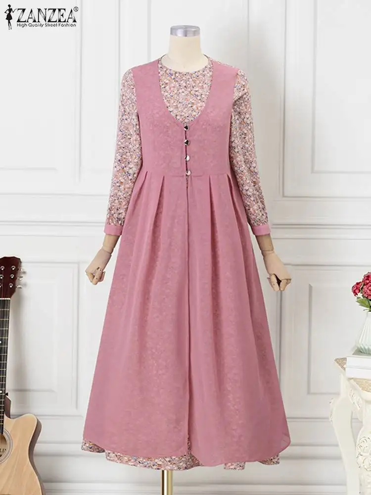 2024 ZANZEA Vintage Long Sleeve Muslim Maxi Dress Floral Printed Sundress Women Patchwork Holiday Ramadan Vestido Robe Femme