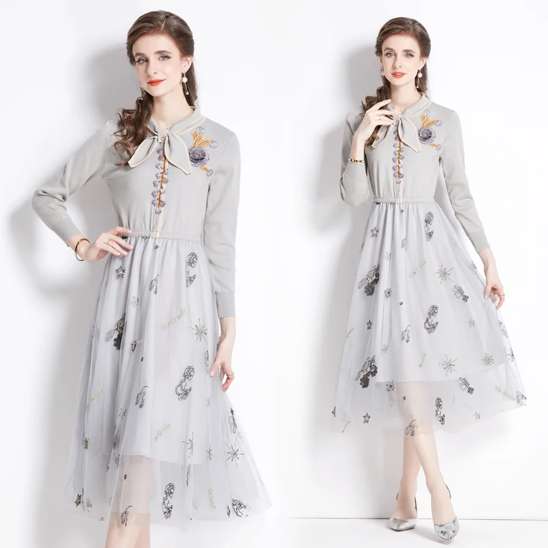 

Spring/Summer New Hepburn Style Bow Collar Mesh Patchwork Dress Women's Long Sleeves Fashion Printed Casual A-line Long Skirt