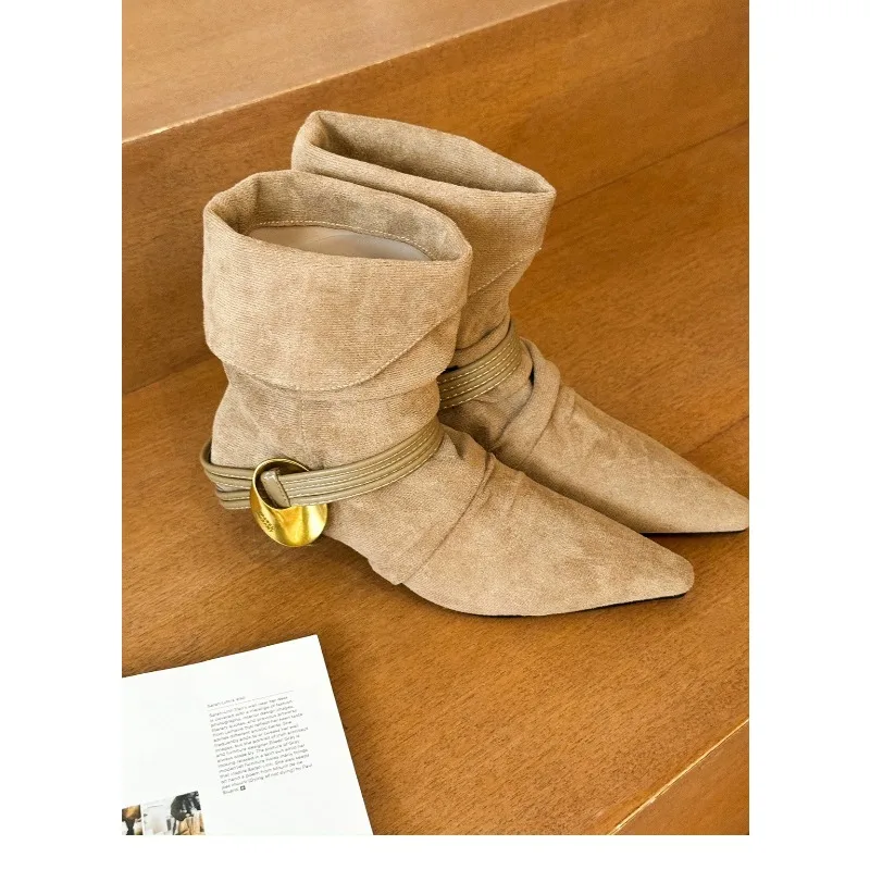 Women's Ankle Boots Autumn Pointed Toe High Heels Shoes Woman Chelsea Boots Dress Pumps Suede Leather Mujer Zapatillas