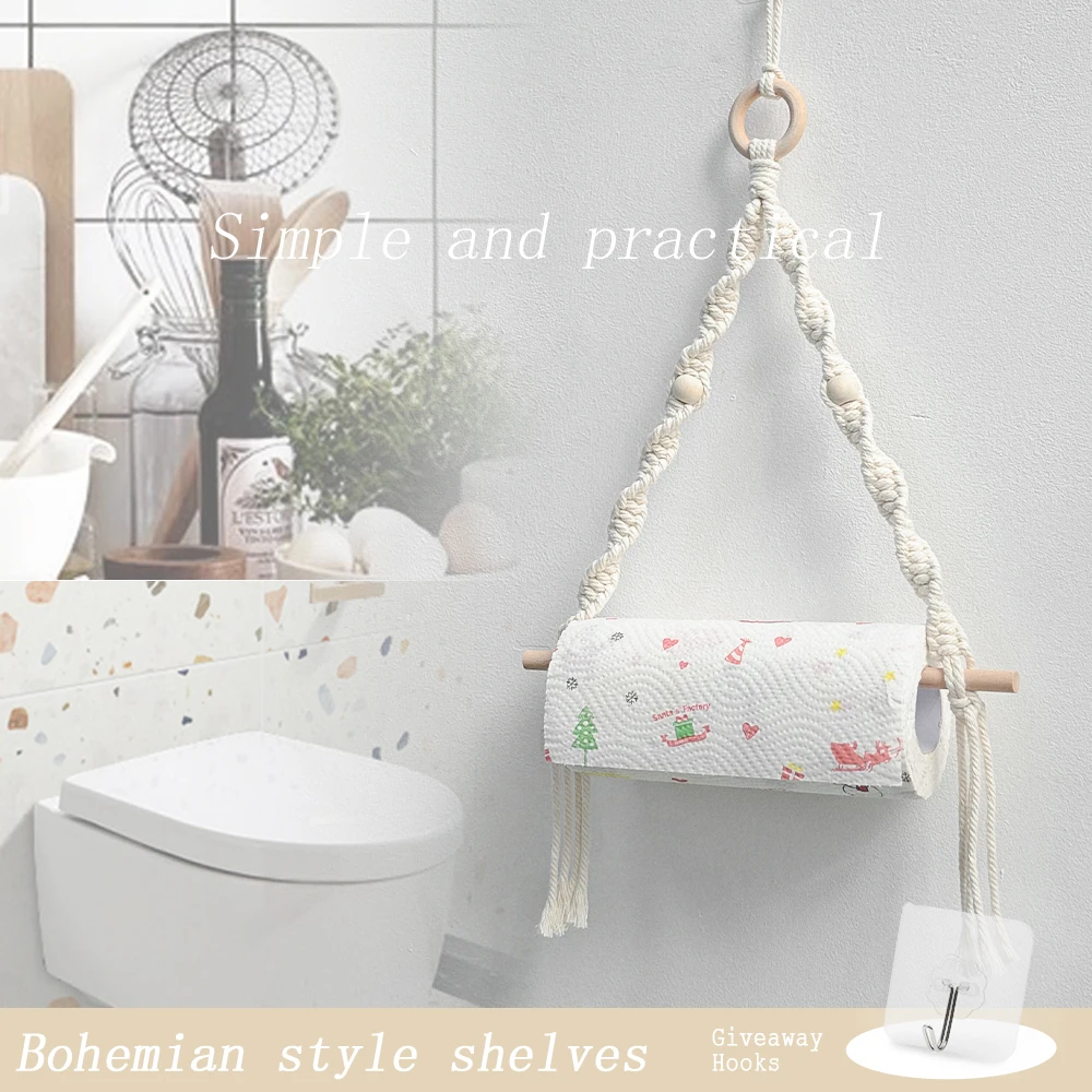 Paper Towel Holder Bohemian Hand-woven Wall-mounted Wooden Bead Roll Paper Rack Towel Rack Homestay Tissue Storage Wall Home Decoration