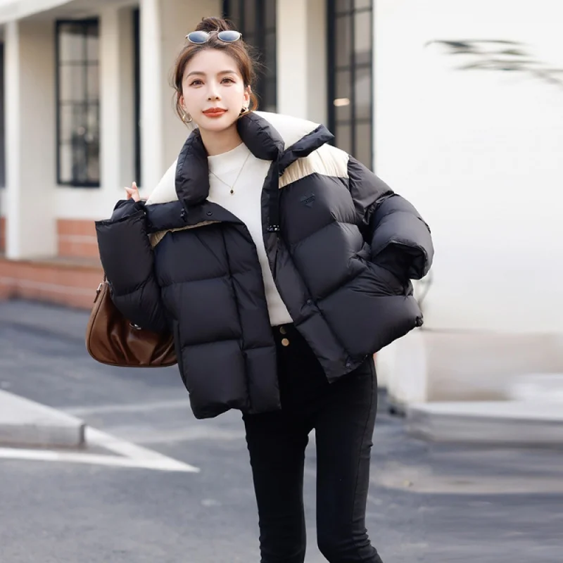 

23 New modelsDown Jacket Women 2023 Winter New Design Sense Color Contrast Patchwork Stand Collar Windproof Warm White Duck down