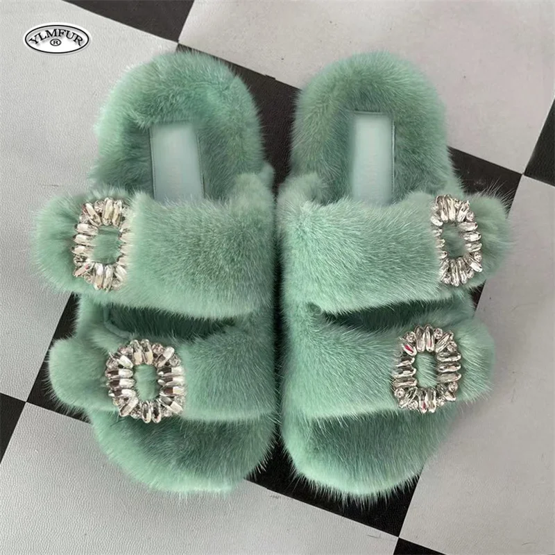 2025 New Women Fur Slippers Shoes Women Warm Winter Crystal Fur Shoes For Slippers Casual Plush Comfortable Mink