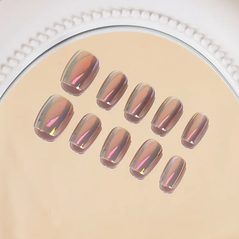 

24PCS Removeable Cat Eyes Pink Red Magic Mirror Manicure Short Press on Nails Full Cover Ballet False Nails With Glue for Women