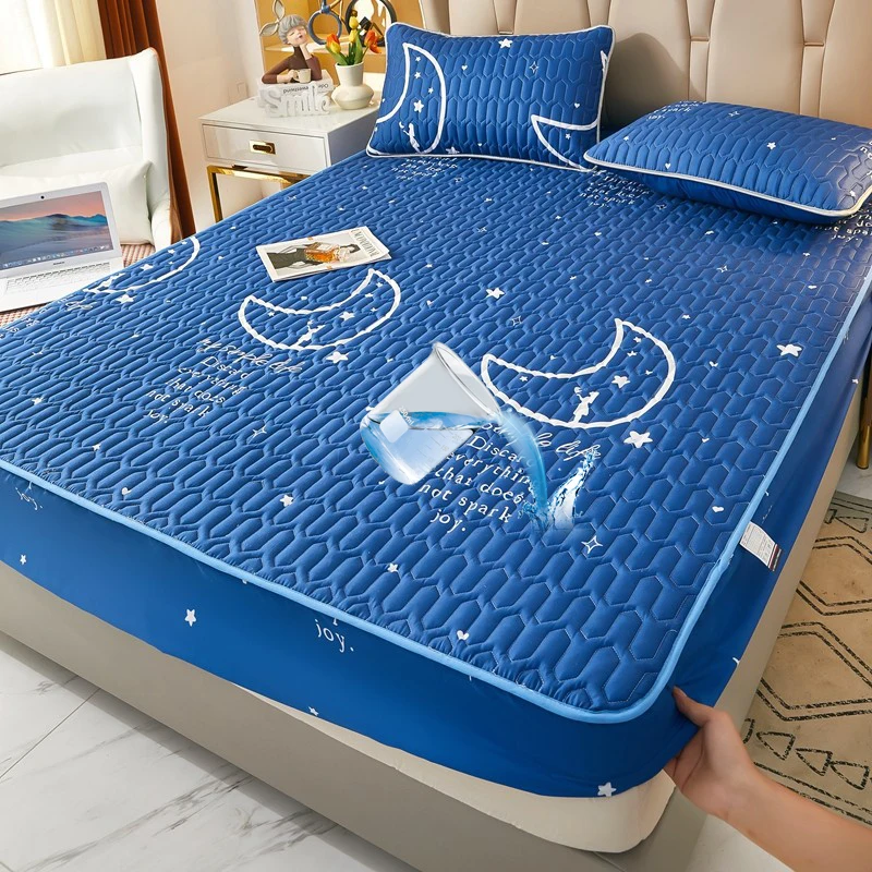 BonenjoyThickQuiltedMattressCoverWaterproofBedSheetBlueColorFittedSheetQueenKing