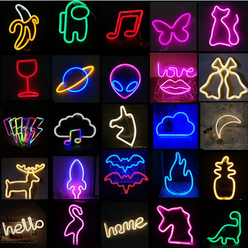 Led Neon Light Signs Wall Hanging Lamp WineGlass Cloud cat Wall Night Light Usb Battery Operated Neon Sign Bar Room Decor Gifts