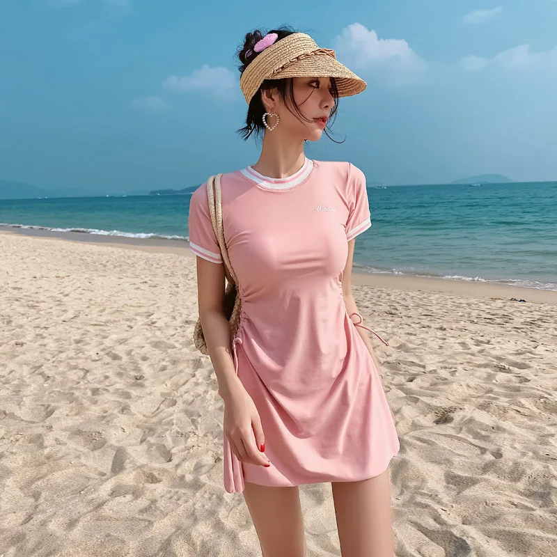 2023 Korean Sexy Drawstring Short Sleeve Swimwear Woman One Piece Swimsuit Lady Large Size Bathing Suit Beach Swimskirt