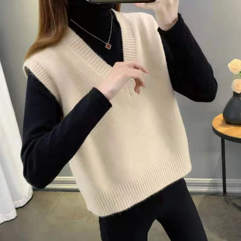 

Fashion V-Neck Solid Color Knitted Loose Sleeveless Vest Sweater Women's Clothing 2022 Autumn New Casual Pullovers All-matchTops