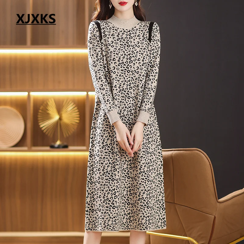 

XJXKS Women's Leopard Print Dress 2022 Autumn And Winter New High-end Soft Wool Knitting Half High Neck Long Sweater Vestidos