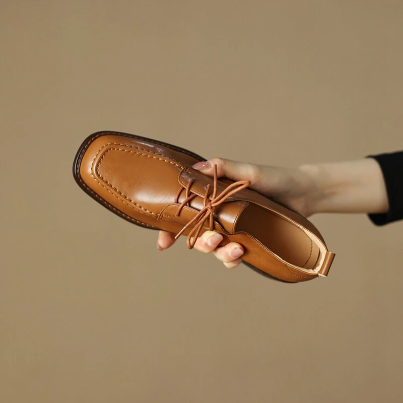 

NEW Spring Women Oxfords Split Leather Pumps for Women Square Toe Chunky Shoes for Women Casual High Heel Shoes Women Lace Shoes