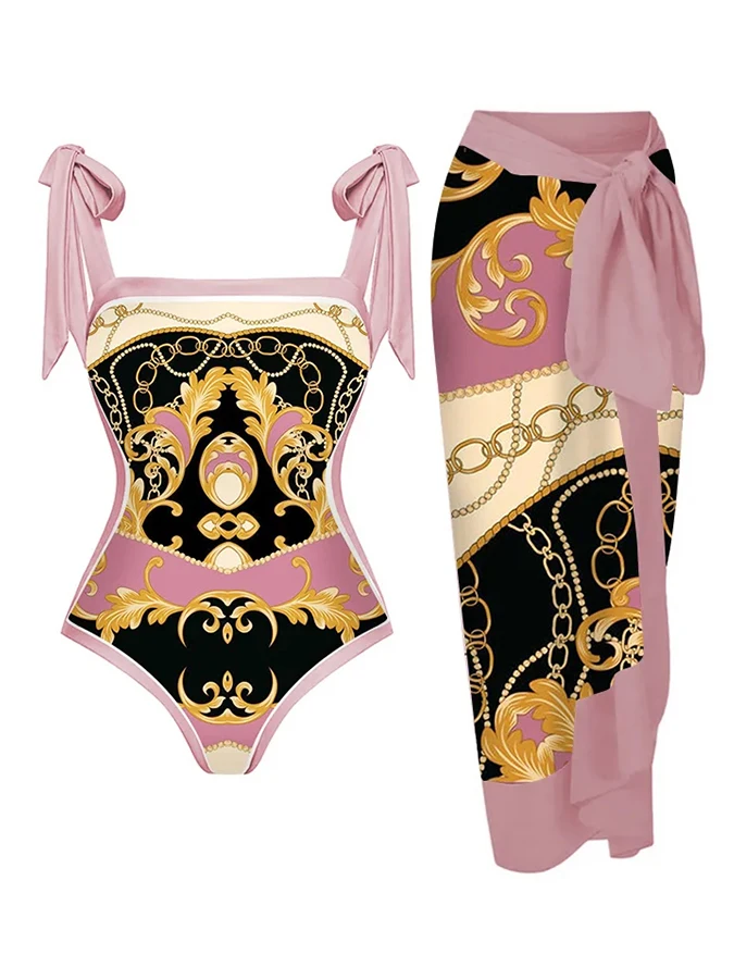 

Square Neck Women's Swimwear Vintage Print One Piece Swimsuit and Cover Up Sexy Beach Wear 2023 New Bathing Suits Sports