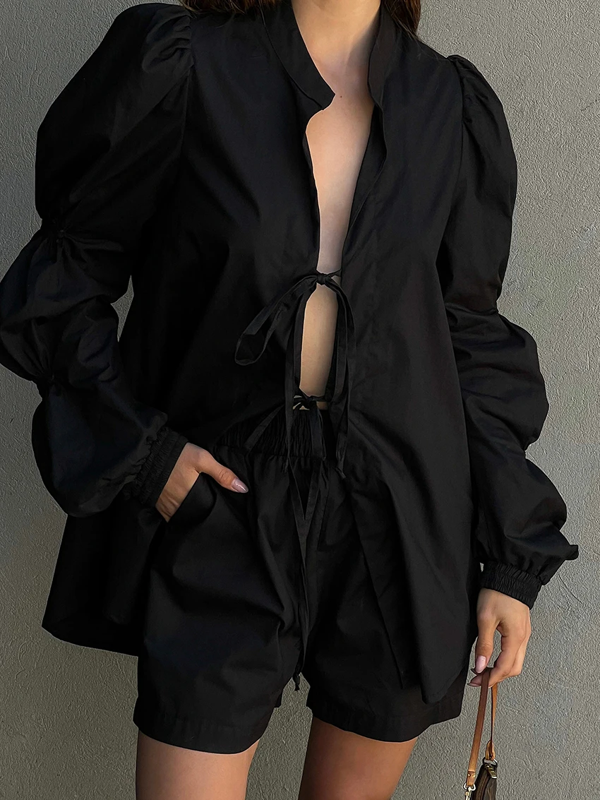 Marthaqiqi Cotton Fashion Ladies Nightgown Suit Long Sleeve Nightwear Lace Up Pajama Sexy O-Neck Nightie Shorts Women Pijama Set