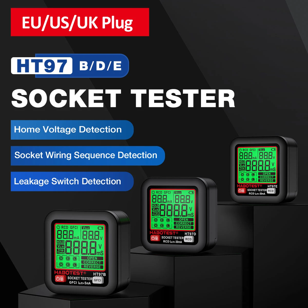 HT97 Digital Socket Tester Voltage Test US/UK/EU Plug Socket Detector Intelligent Leakage Testing Multifunctional Phase Tester 2