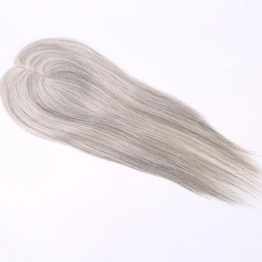 Sistema di Capelli Umani Vergini Russi Lisci 12-18 Pollici 1b Grigio Bianco, Parrucchino per Donne 5.5x6 Pollici, Topper in Monofilamento per Donna Bianca - immagine 4