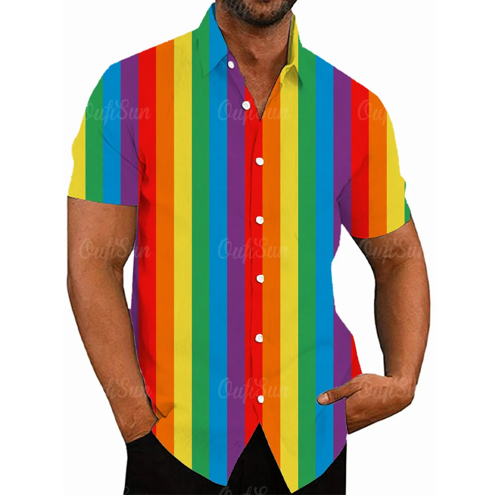 Hawaii Men's Shirts Rainbow Pattern 3D Printing Short Sleeve Lapel Button Casual Streetwear Vintage Floral Social Clothing Sale 4