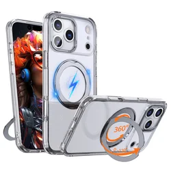 Luxury 360 Rotating Magnetic Stand Phone Case with Metal Ring and Foldable Bracket - Acrylic Clear - iPhone 17 Pro (Transparent)