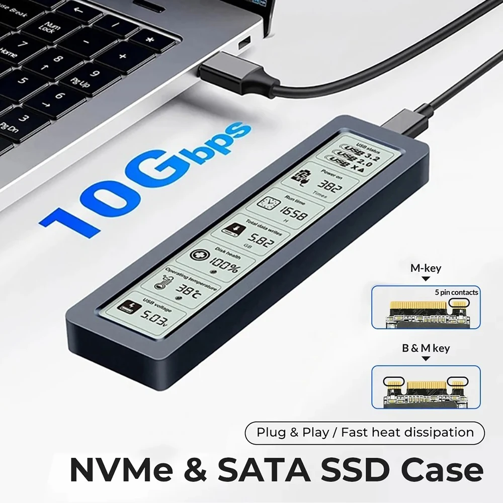 M.2 NVMe SSD 외장 케이스 10Gbps 지능형 디지털 디스플레이 하드 드라이브 박스 M2 NVME SATA 솔리드 스테이트 드라이버 어댑터 A+C 데이터 케이블