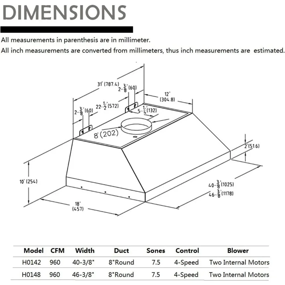 48 inch Built-in/Insert Range Hood 1150 CFM, Stainless Steel Under Cabinet Range Hood Kitchen Vent Hood with Liner 6