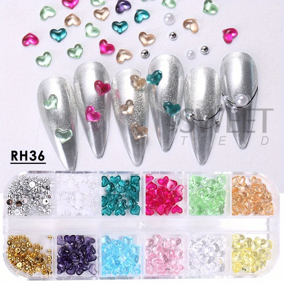 12 Gitter Herzform Nail Art Charms Transparent Liebe Herz Harz Schmuck Perle Halbe Perle Valentinstag Dekor Maniküre Strass – Detail 11