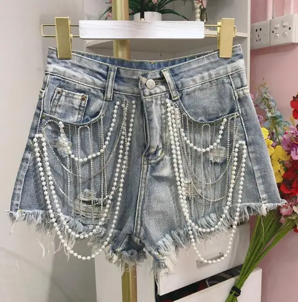 Denim Shorts 2024 Summer New European Station Heavy Jeans Women's Fashion Tassel Pearl Pendant Raw Edge A- Line Wide Leg Pants