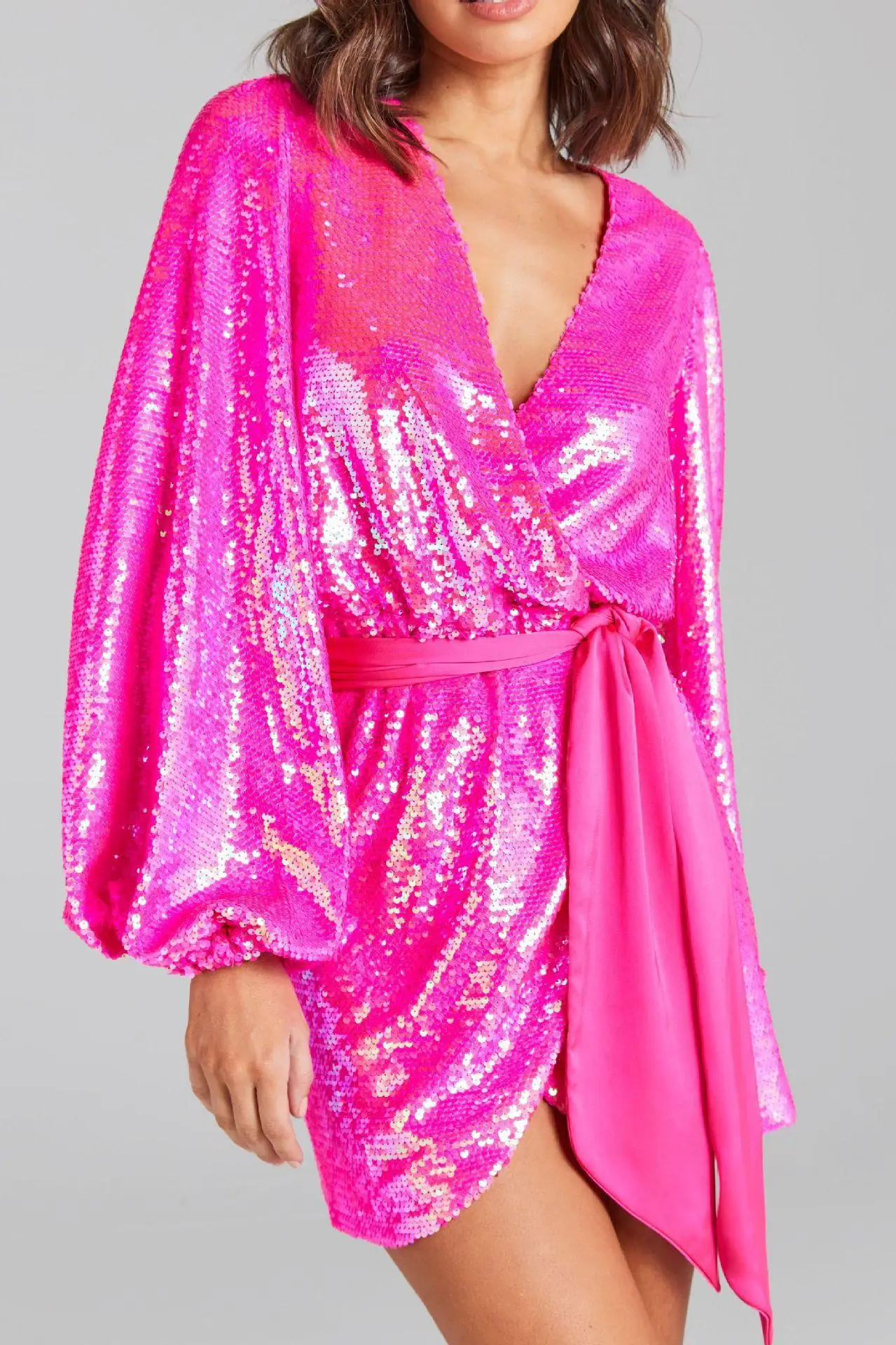 

Cutubly New Glitter Sequin Evening Dress Women Beaded Split Irregular Gowns Long Sleeve Lace Up Slim Rose Red Short Prom Dresses