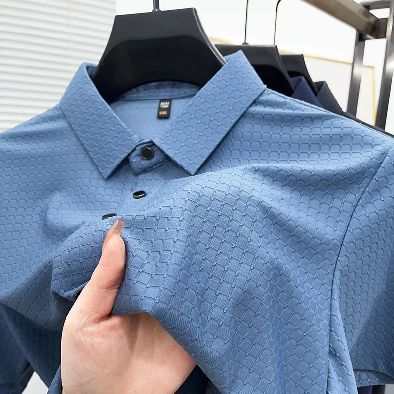 High End Brand Ice Silk Men's Polo Shirt Lapel Non Ironing Seamless Short  Sleeved European Business Casual T-Shirt Summer Ropa