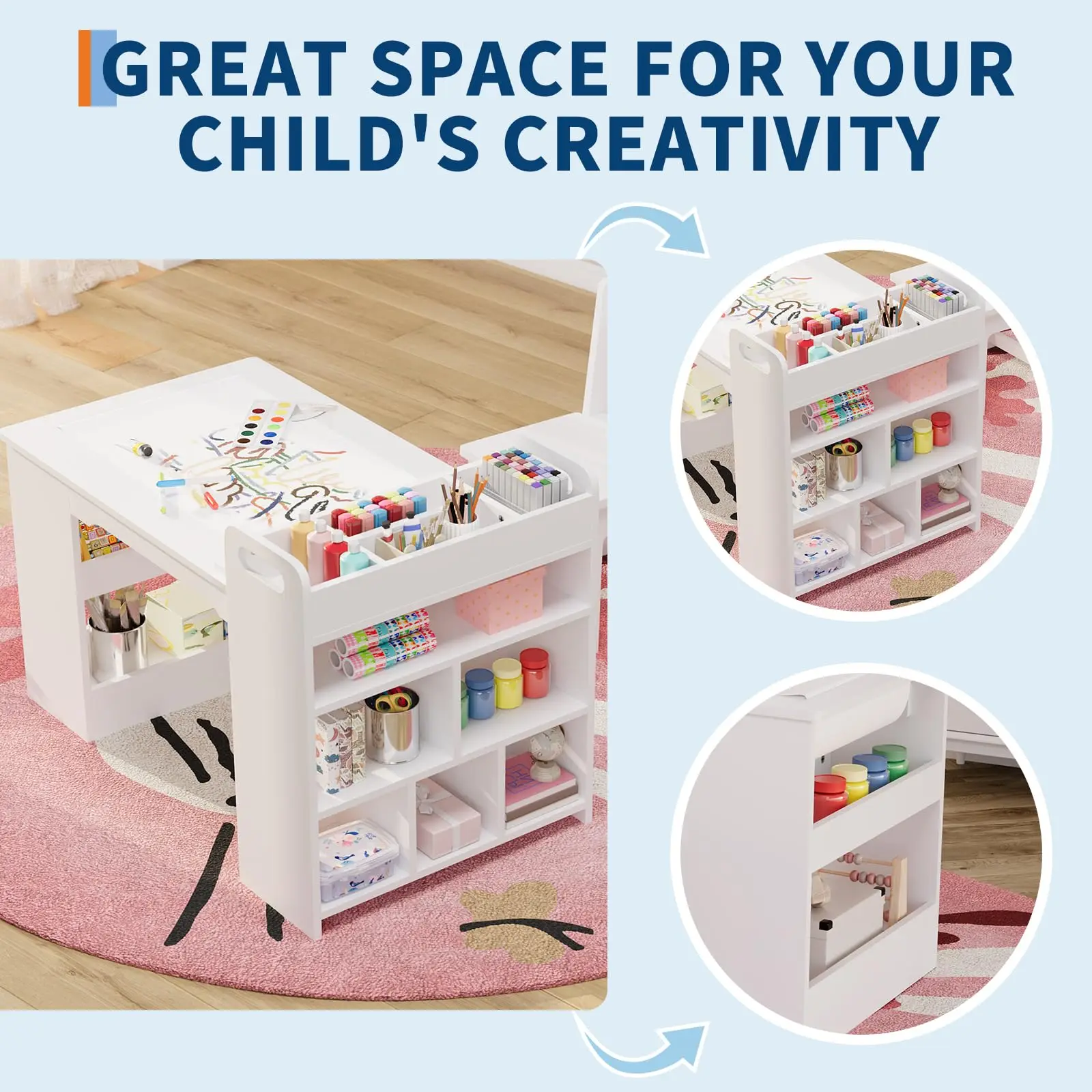 Kinder-Kunsttisch mit 2 Stühlen, Kleinkind-Basteltisch aus Holz mit Großen Aufbewahrungsregalen zum Schreiben und Zeichnen, Kinderzimmer – Detail 9