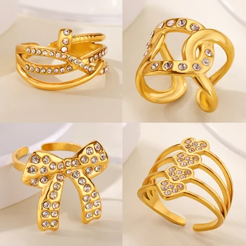 Pave Zircon Bow Rings for Women Stainless Steel Gold Color Geometric Nail Ring Aesthetic Wedding Waterproof Jewelry