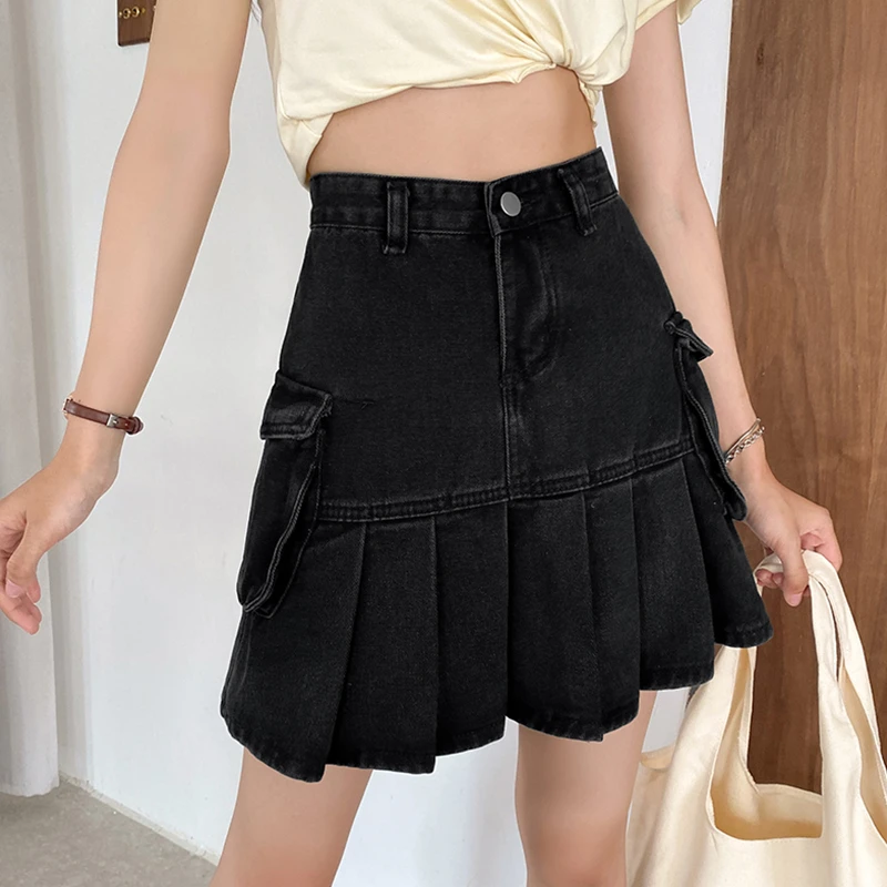 Ailegogo High Waist Women Streetwear Retro Black Denim Mini Pleated Skirt Summer Female Ruffles Ladies Short Jeans Skirts denim skirts for women