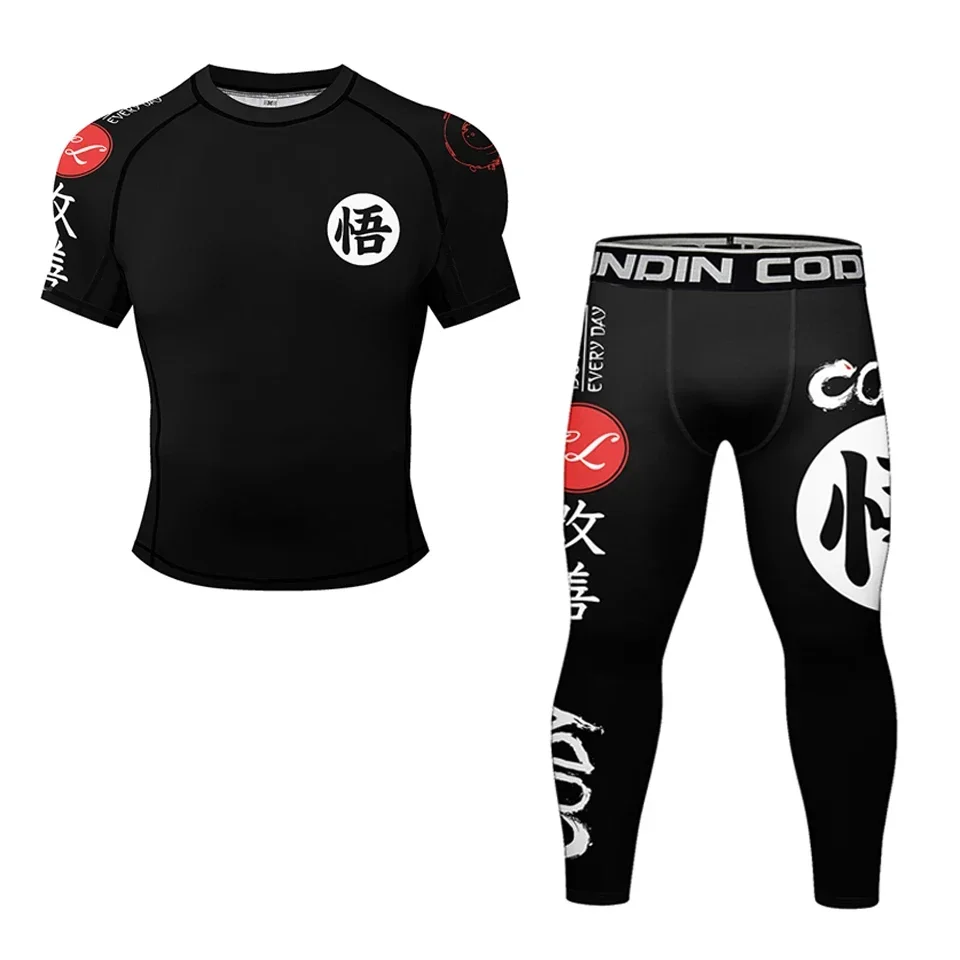 MMA Jiu Jitsu T-shirt+Pant 4pcs/sets Rashguard Men Bjj Gi Brazilian Grappling Muay Thai Shorts Compression Clothing Sportswear