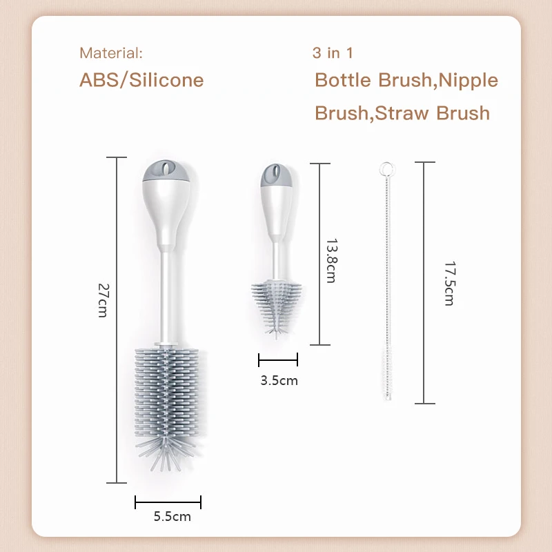 Bottle Cleaning Brush Set 3 in 1 Silicone Milk Feeding Bottle Brush Pacifier Straw Brush Sippy Water Cup Vacuum Flask