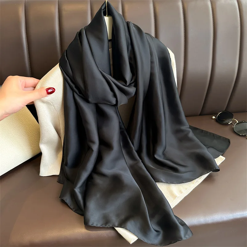 Fashion 90x180cm Solid Color Satin Muslim Hijab Soft Silk Feeling Headscarf Outdoor Beach Sunscreen Shawl 4