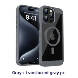 Premium Magnetic Metal Frame Bumper Protection Case with Magsafe Compatibility and Translucent Acrylic Design - iPhone 15 Pro Max (Gray)