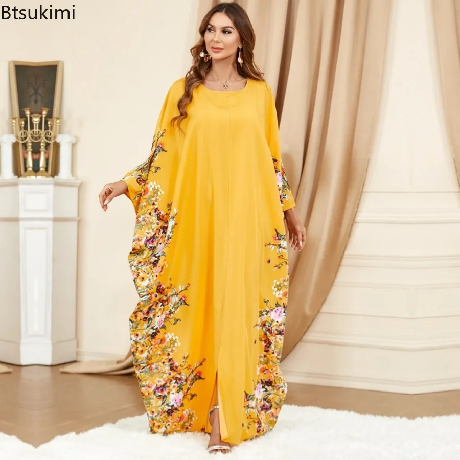 New Muslim Fashion Maxi Dress for Women Dubai Abaya Batwing Sleeve Loose Ramadan Long Dresses Caftan Moroccan Printed Party Robe
