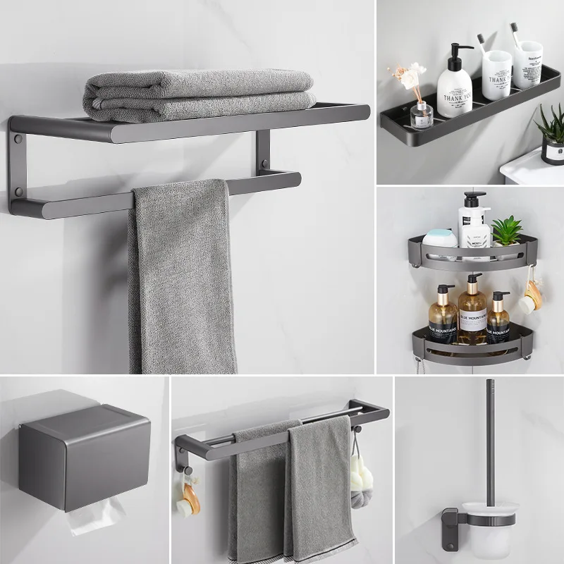 Gun gray towel rack storage rack, European style space aluminum towel rack set, bathroom hardware pendant