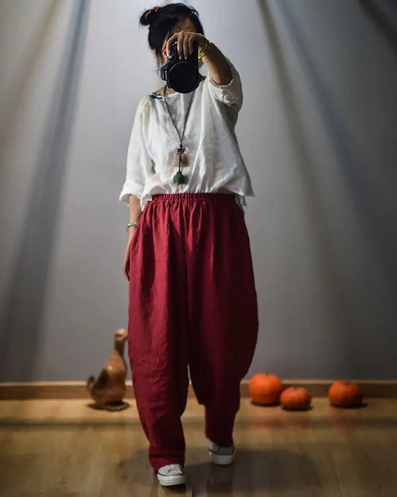 Full Length Retro Elastic Waist Cotton Linen Wide Leg Pants 2022 Spring New Loose Vintage All-match Women Pants RV713 cargo capris