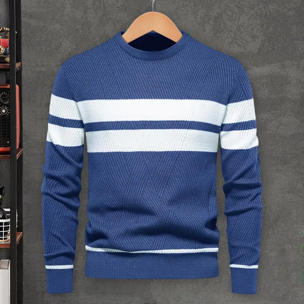 

Men Dress Sweater Stylish Men's Striped Print Patchwork Sweater Warm Knit Pullover for Autumn/winter Fashion Stripe Stitching