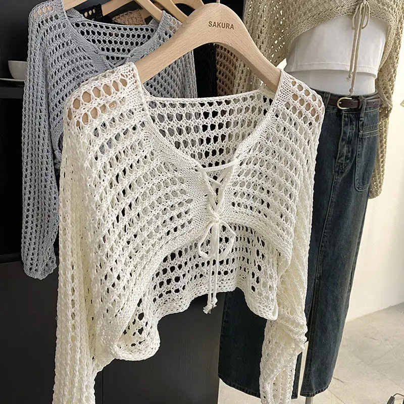 Hollow Out Short Style with Camisole Knitted Sweater for Women's Summer New Loose Long Sleeved Cover Up Sun Protection Top 3